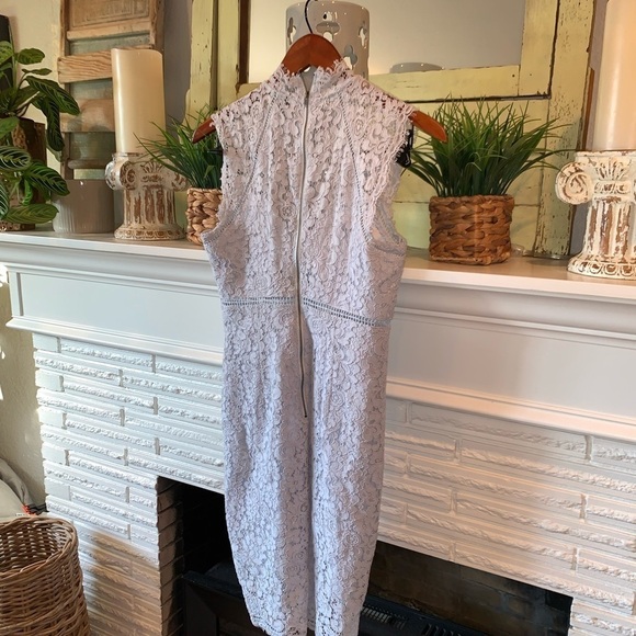 Bardot Fitted Blue Lace Paneled High Neck Cocktail Midi Dress Size Small - Picture 7 of 7